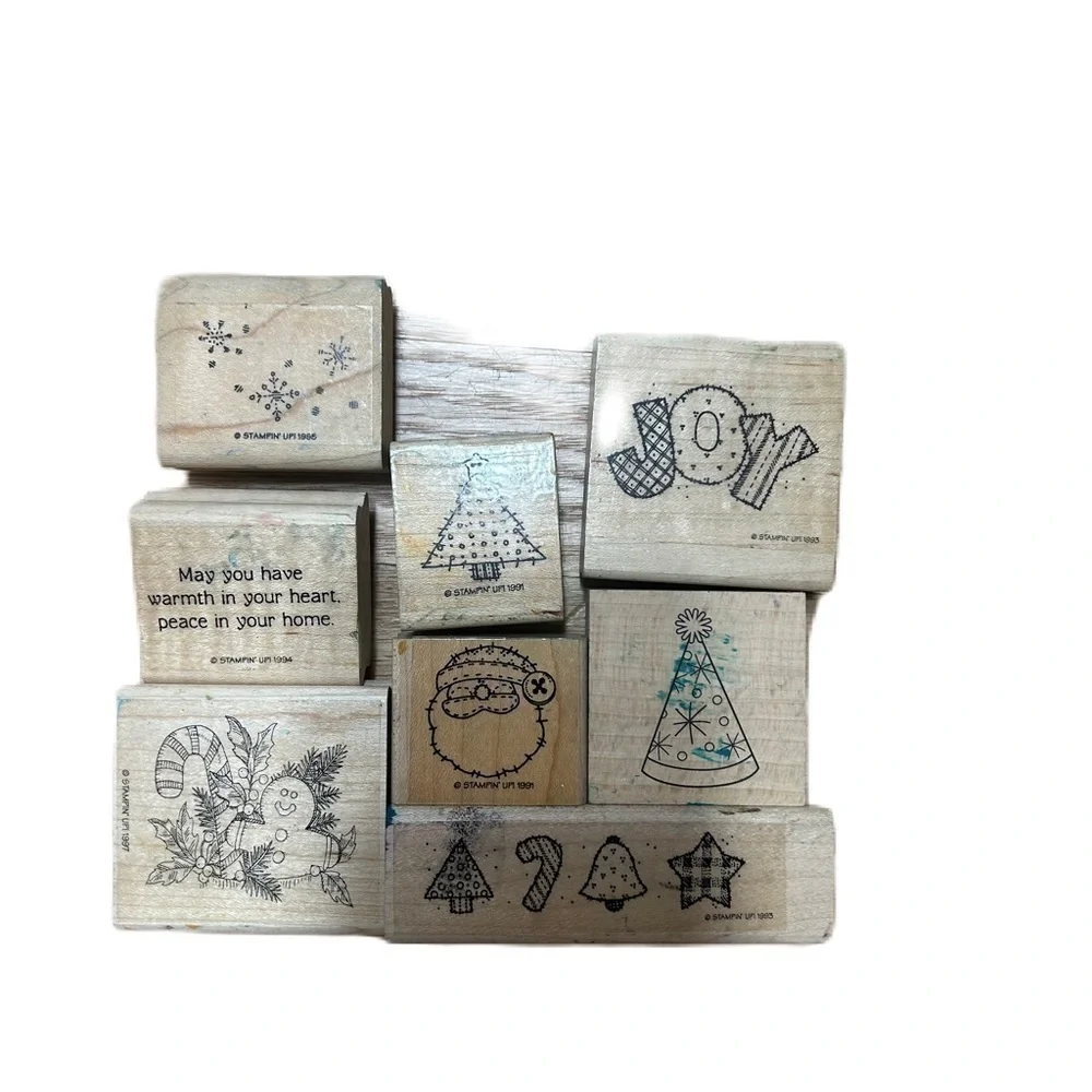 Vintage Christmas Wood Block Stamp Bundle Collection Set Santa Tree Joy